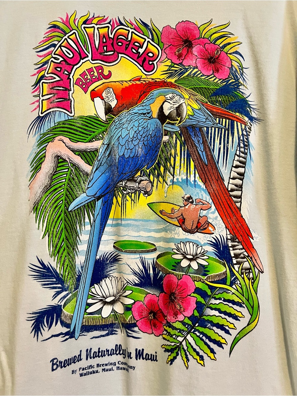 Malibu Shirts Men's Light Blue Maui Lager Parrot Surf T-Shirt - Size L